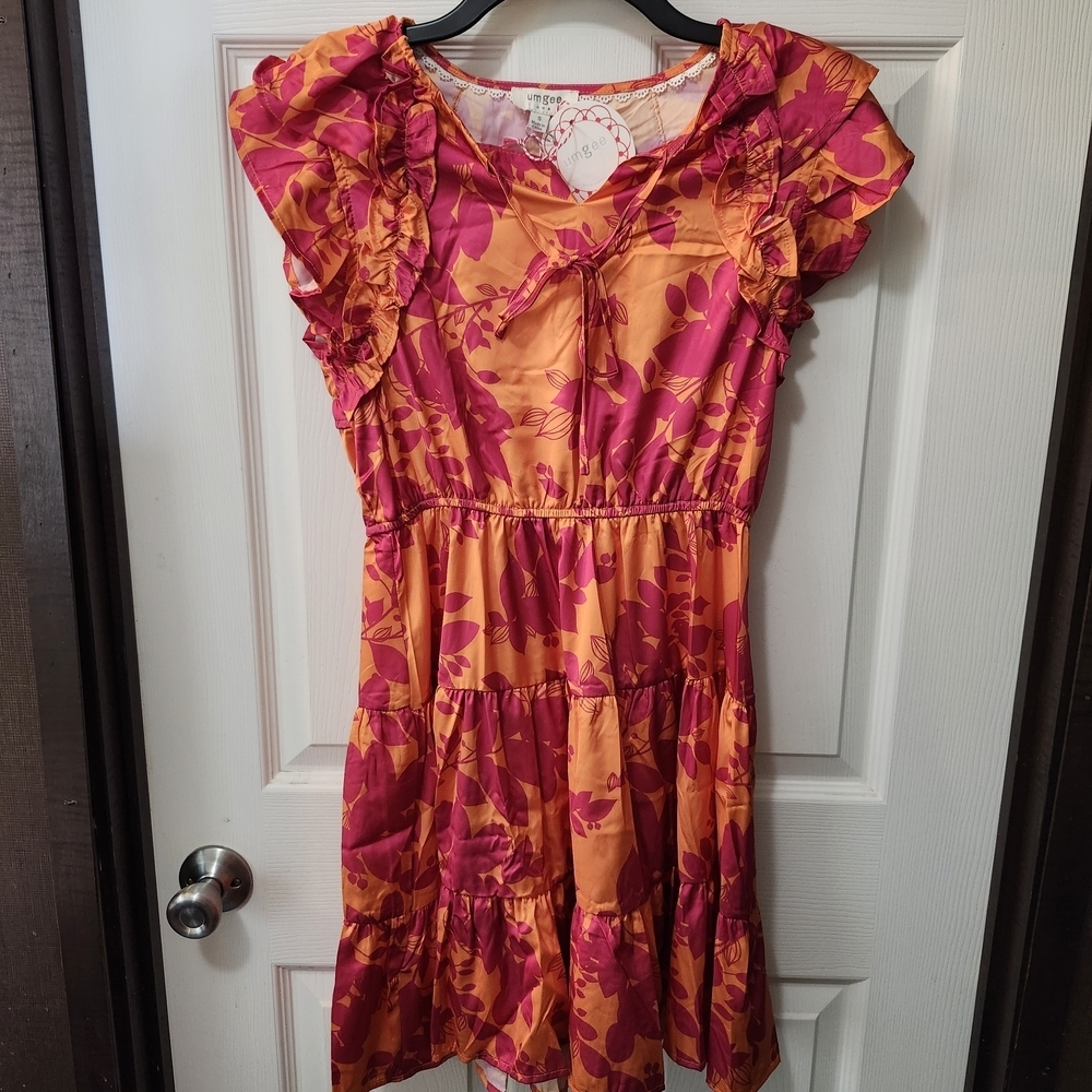 NWT Umgee Sun Kissed Pink And Orange Tiered Mini Dress. Sz S